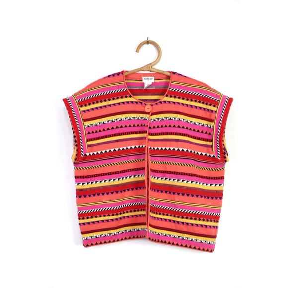 Vintage 90s Rodier pink orange yellow geometric striped open front cardigan OS - Picture 7 of 7